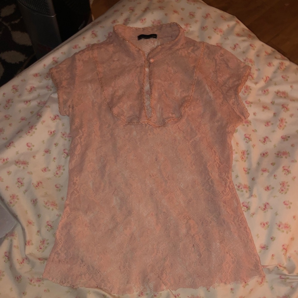 Pink Lace Ruffle Cap Sleeve Blouse